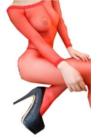 Blancho SE-147-RED Stylish Sheer Open Crotch Body Stocking - Red - Medium